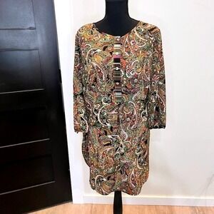 Fig & Flower Womens Paisley Plaid Mixed Media Tunic Top Sz 2X Green Orange Boho